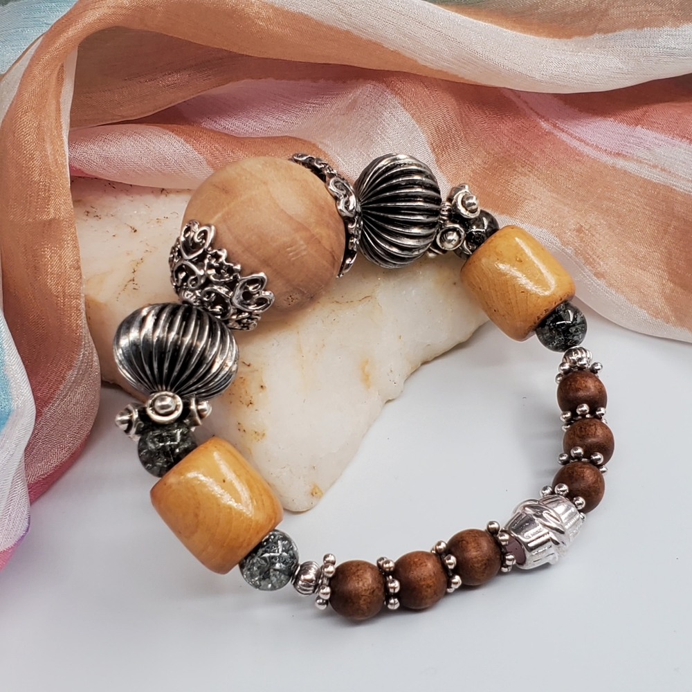 ❤️ Lightweight Jewelry Wood Silver Bracelet Artisan Unique Vintage